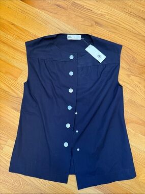 Tory Burch Navy Sleeveless COTTON POPLIN BUTTON TOP